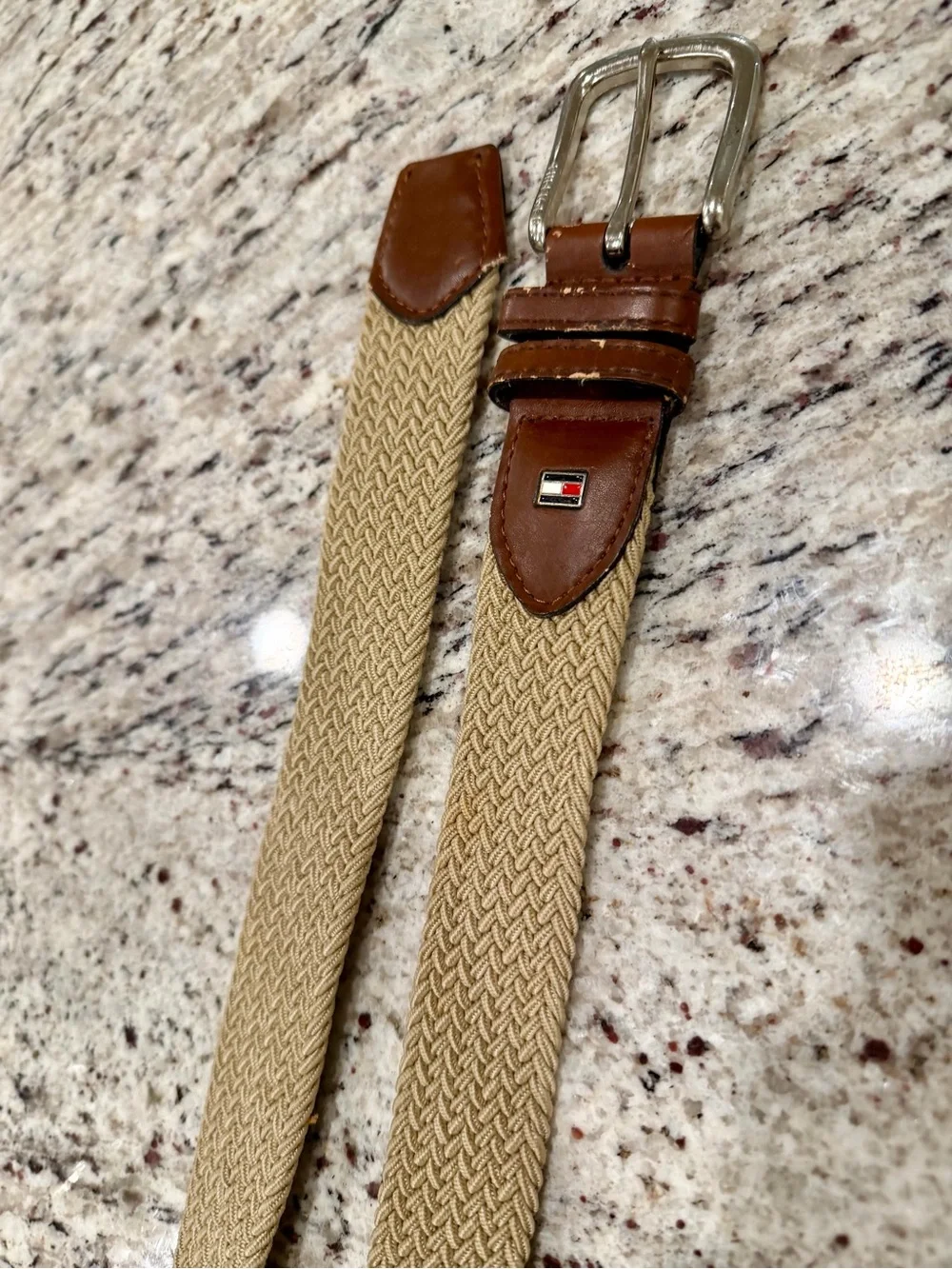 Vtg Y2K Tommy Hilfiger Mens 36-38 Braided Stretch Belt Khaki Brown Leather Logo